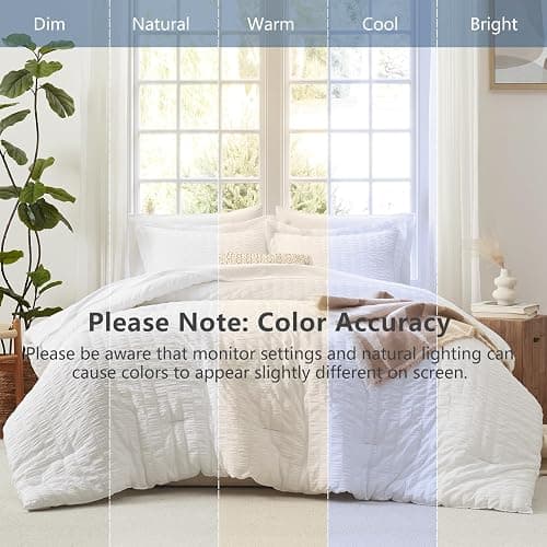 CozyLux Queen Comforter Set White, 7 Pieces Seersucker Textured Luxury Bed in a Bag Queen, All Seasons Soft Bedding Sets with Down Alternative Comforter, Sheets, Pillowcases & Shams, Bedroom Bed Set thumbnail 5