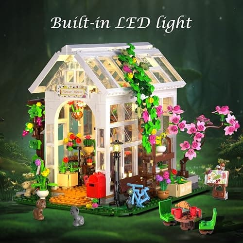 HOGOKIDS Flower House Building Set with LED Light - 1332 PCS Garden House Buiding Toy with Flowers Potted Plants Parrot Cat Animals Playset Greenhouse Model Xmas Gift for Adults Teens Girls Ages 8+ thumbnail 8
