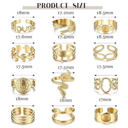 FIOROYAL 12Pcs 𝟏𝟖𝐊 𝐆𝐨𝐥𝐝 𝐏𝐥𝐚𝐭𝐞𝐝 Rings for Women Stainless Steel Stackable Rings Boho Signet Snake Ring Adjustable Open Ring Chunky Knuckle Rings Set Gold thumbnail 2