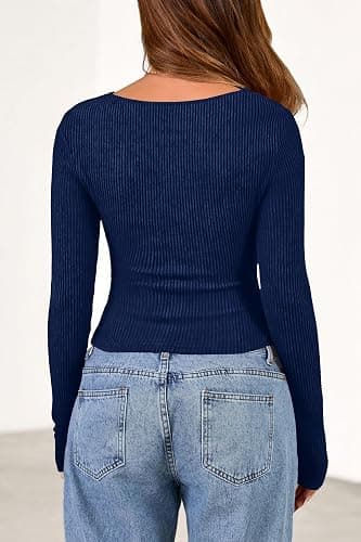 PRETTYGARDEN Women's Long Sleeve Cowl Neck Ribbed Knit Spring Shirts Slim Fit Ruched Going Out Crop Tops Basic T-Shirts thumbnail 5