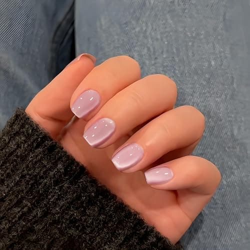 KQueenest Cat Eye Press on Nails Short, 30 Pcs Acrylic Press on Nails Square, Soft Dusty Pink Fake Nails Press on Short, Sparkly Chrome Design, Reusable Soft Gel Glue on Nails for Women Manicure - Image 1