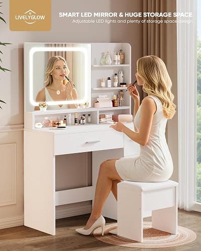 LIVELYGLOW Makeup Vanity Desk with Smart LED Mirror & Charging Station, 35.4" White Vanity Table Set with Cushioned Stool, 4 Drawers & Hairdryer Rack, Modern Bedroom Dressing Table-White thumbnail 7
