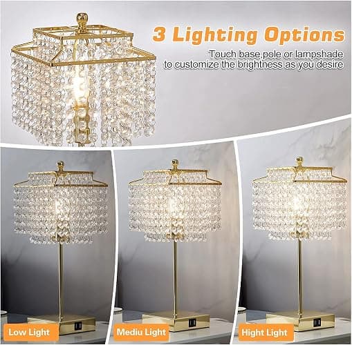 Luvkczc Crystal Touch Table Lamp, Bedside Lamps with with USB C+A Ports, Gold Bedroom Lamp, Dimmable Lamp with Crystal Shade, Nightstand Lamps for Bedroom, Living Room, Bulb Included thumbnail 3