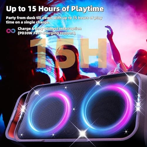Foxdawn Party Bluetooth Speaker: 240W Peak Loud Sound, Deep Bass, 15H Playtime, Fast Charge, IPX4 Waterproof, TWS, Led Light Show, Large Portable Wireless Speakers for Outdoor, Camping, Backyard, Home thumbnail 4
