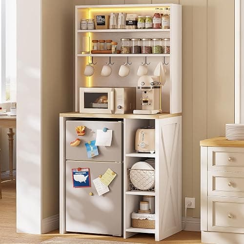 IRONCK Bakers Rack with Mini Fridge Space, 69.3" Microwave Stand, White | 7-Tier Coffee Bar Station, Power Outlets, LED Lights, Space-Saving Utility Organizer for Small Apartment, Dorm, Living Room - Image 1
