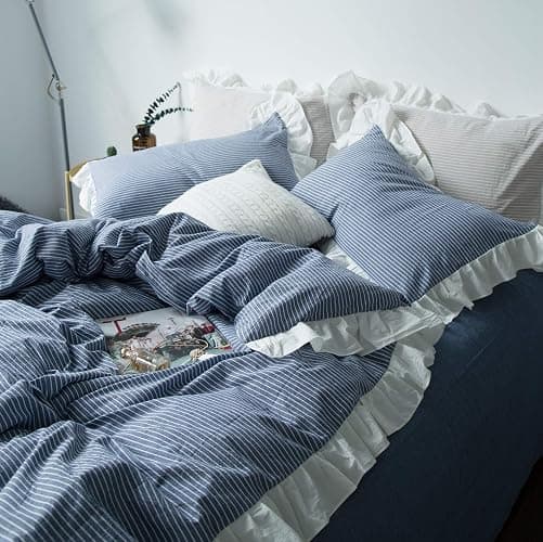 SUSYBAO Blue White Striped Duvet Cover Queen 100% Washed Cotton Denim Blue Ruffle 3 Pieces Set 1 Cute White Lace Duvet Cover with Zipper Ties 2 Pillow Shams Denim Ruffled Bedding Set thumbnail 6