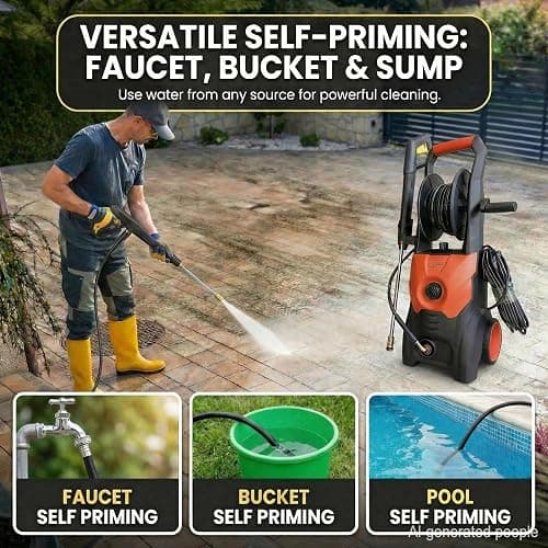 Nozzlpeak 3000 PSI Electric Pressure Washer, 2.3 Max GPM, 1625W, Orange Red | Comes with hose reel & 36ft cord, leak-proof design, 5 nozzles and foam pot to clean cars, fences and courtyards thumbnail 5