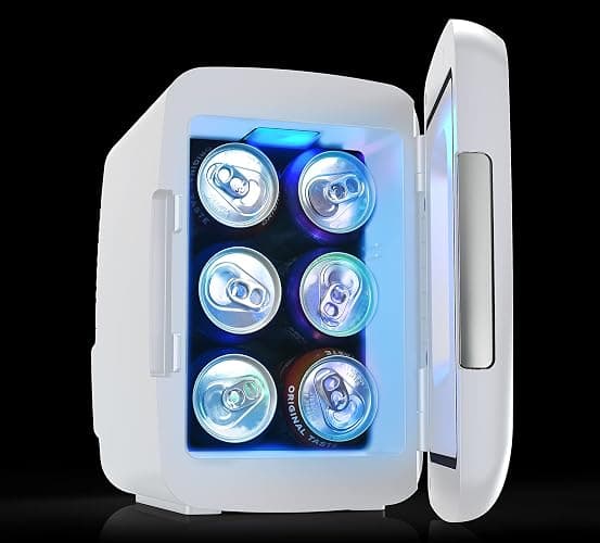Frigidaire Gaming Light Up Mini Beverage Refrigerator, 6 can, 4 liters, Cooler with large see through door and LED lights Perfect for Gaming Experience, Home, Office, or Cars.12V Charger (White) thumbnail 9