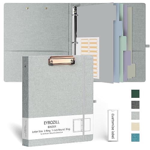 EYROZILL 3 Ring Binder, 1 Inch Linen Binder Organizer for Letter Size (8.5" x 11") with 5 Tab Dividers, File Folder Labels and Low Profile Clipboards, School and Office Supplies-Light Grey - Image 1