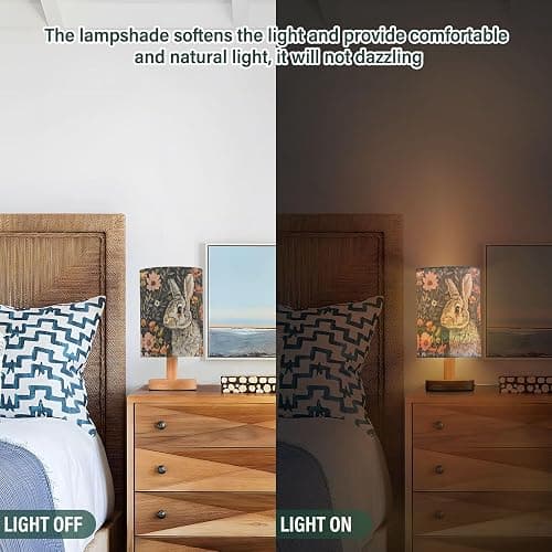 YYZZH Bunny Rabbit Floral Field Table Lamp with Wood Base Fabric Lamp Shade Bedside Desk Lamp for Living Room Bedroom Kids Room Office thumbnail 5