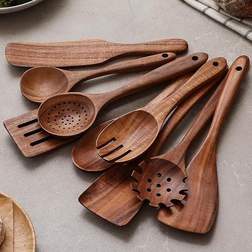 Wooden Spoons for Cooking, 12 Pcs Teak Wood Kitchen Utensils Set with Spoon Rest - Nonstick Heat Resistant Wooden Cooking Utensils, Natural Healthy Spatula Set for Pots and Pans thumbnail 4