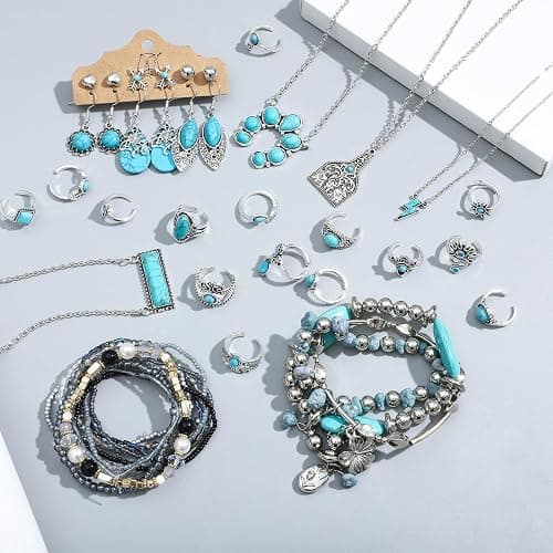 NEWITIN 20 Pieces Silver Bohemian Jewelry Set for Women Fashion Costume Jewels Turquoise Necklace Bracelet Ring Earrings Western Turquoise Jewelry Set for Women thumbnail 3