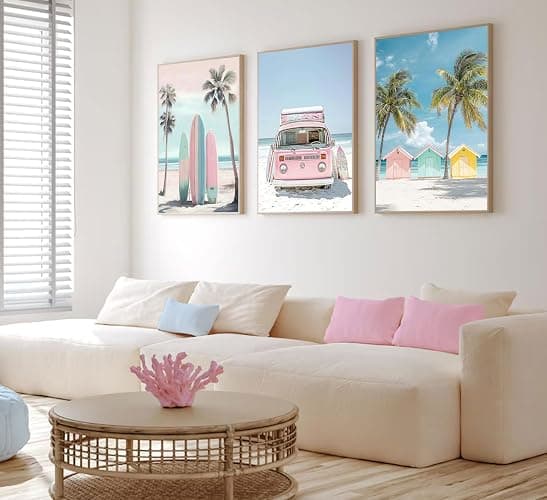 3Pcs Pink Beach Wall Art Tropical Teen Girl Coastal Canvas Poster Print Surfboard Palm Picture Wall Decor for Beach Room Bathroom Living Room Bedroom 12x16in Unframed thumbnail 7