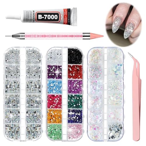 4200pcs Nail Rhinestones, 6 Sizes Silver AB Nail Gems, 6 Colors Mixed Rhinestones, 6 Styles of Sequins, Including 15ml B-7000 Glue, Pick-Up Tweezers & Dotting Pen thumbnail 8