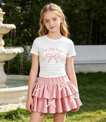 FJLSJSW Teenage Girls Puffy Skirt Set with Cute Bowknot Top Teen Summer Skirt Outfit Puffy Skirt for Teen Girls thumbnail 4