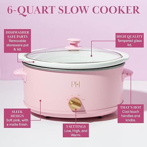 Paris Hilton 6-Quart Manual Slow Cooker, Features Three Settings (Low, High, Warm), Naturally Nonstick and Dishwasher Safe Stoneware Insert, Family Sized Capacity, Pink thumbnail 4