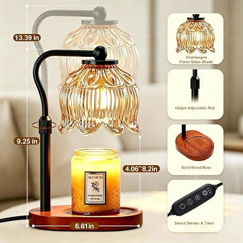 Briever Flower Candle Warmer Lamp, Adjustable Height Electric Candle Lamp with Timer & Dimmer, Wooden Base Wax Warmer, Christmas Birthday Housewarming Gifts for Women Mom, Walnut-Champagne thumbnail 2