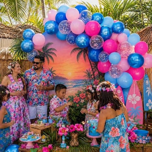 Pink and Blue Summer Balloons, 12 Inch Hot Light Pink Metallic Dark Blue Latex Balloons with Confetti Balloon for Tropical Hawaiian Gender Reveal Cartoon Birthday Pool Baby Shower Party Decorations thumbnail 2