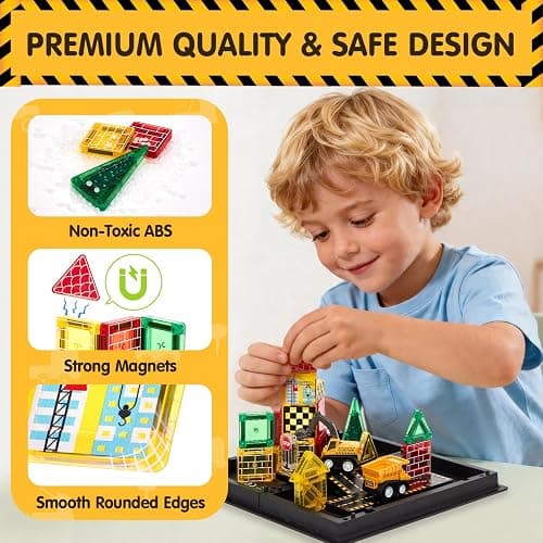 hahaland Mini Magnetic Tiles Travel Construction Toys with Engineering Cars | Magnetic Building Blocks with Vehicles Trucks, Case 2-in-1 Road-Themed Box, Montessori Gifts for 3-6 Year Old Toddler thumbnail 6