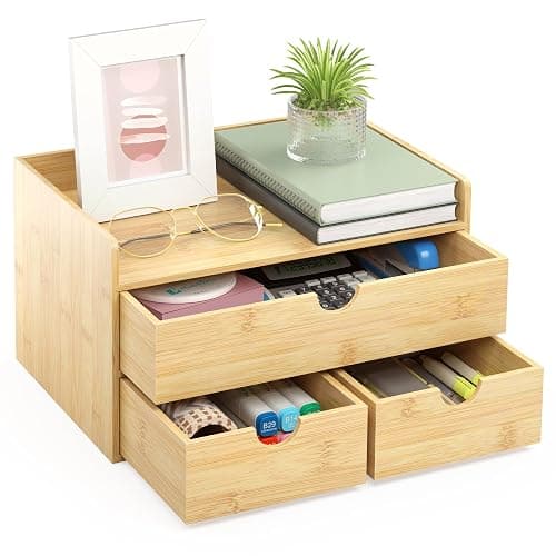 Wisuce Bamboo Desk Organizer - Mini Bamboo Desk Drawer Tabletop Cosmetic Storage Organization for Office or Home (Nature 3 Drawers) - Image 1