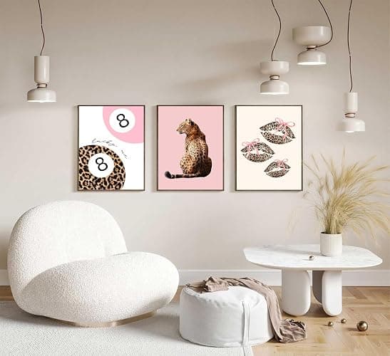 YUFXSTZV 3Pcs Pink Cheetah Wall Art Leopard Bow Print Painting Fashion Lucky 8 Ball Poster Leopard Lips Canvas Wall Decor Funky Preppy Room Aesthetic Picture for Girls Room Dorm Apartment Unframed thumbnail 4