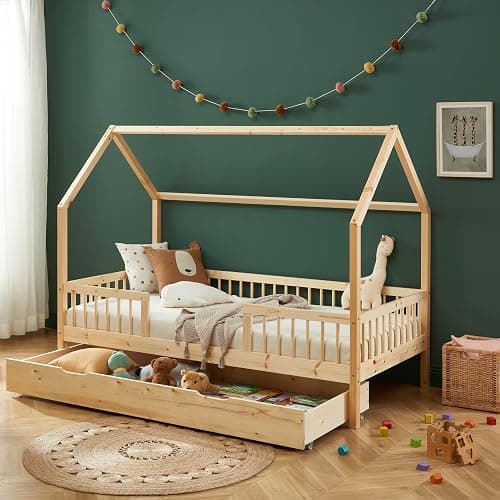 BAÏTA Lit enfent cabane Tiny pin Massif 90x190 sommier + tiroir Inclus - Avec tiroir - 90x190 - Naturel thumbnail 6