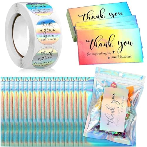 Outus 620 Pieces Thank Cards and Stickers Set Thank Gold Foil Stickers for Supporting My Small Business with Resealable Packaging Bag, Suitable for Business Owners (Holographic) - Image 1