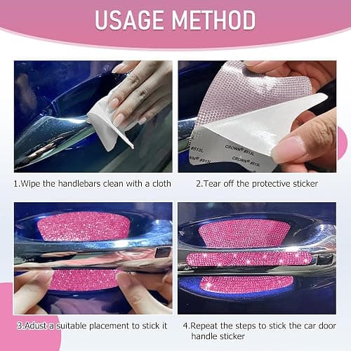 10 PCS Bling Car Door Handle Protector, Shiny Crystal Rhinestone Anti-Scratch Glitter Universal Cars Door Handle Protective Cover, Pink Car Accessories for Women (Pink) thumbnail 4