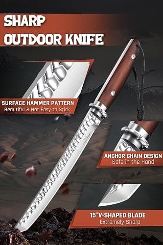 TAN REN Hunting Knife with Sheath, 8.3 Inch Fixed Blade Survival Outdoor Knife with Wooden Handle for Camping, Bushcraft, Christmas Gifts for Men thumbnail 4