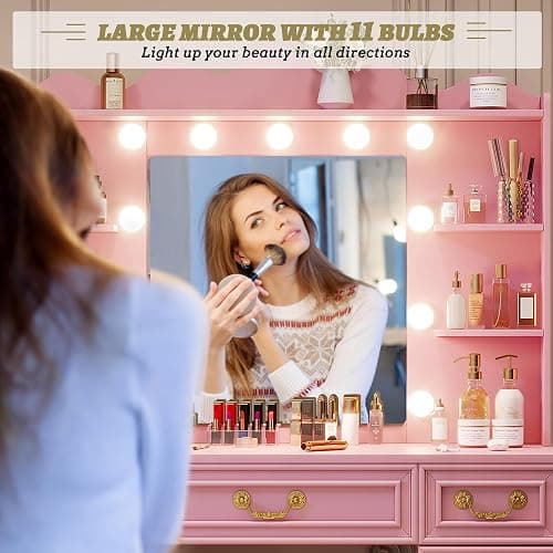 Vlsrka Vanity Desk with Large Mirror and Lights, 43.3" Makeup Vanity Desk with Charging Station and 6 Drawers, Makeup Dressing Table with Storage Stool for Bedroom (Pink) thumbnail 3