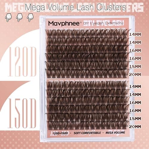 Mavphnee Brown Lash Clusters D-Curly Cluster Eyelash Extensions 14-20MM Mega Volume Lash Extensions Clusters Long Cluster Lashes Dark Brown Natural Individual Lashes (192 Pcs, 120D+150D) thumbnail 2