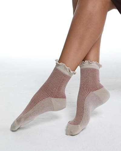 Qqmump Women Ruffle Socks, Cotton Retro Frilly Striped Socks, Cute Checkered Ankle Sock for Women, Vintage Casual Dress Sock thumbnail 9