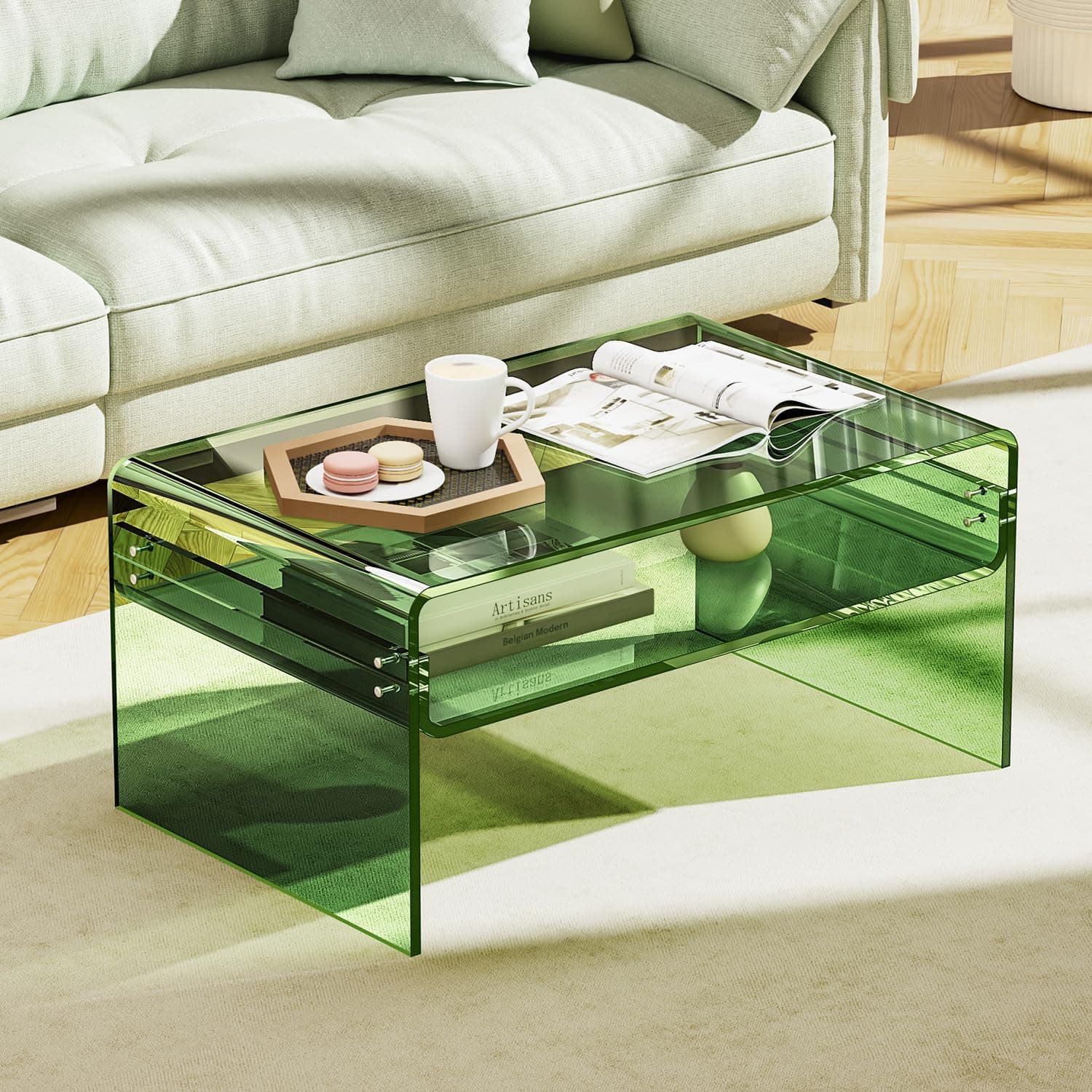 Acrylic Coffee Table, Transparent Clear Coffee Table for Living Room (Green, Large) thumbnail 9