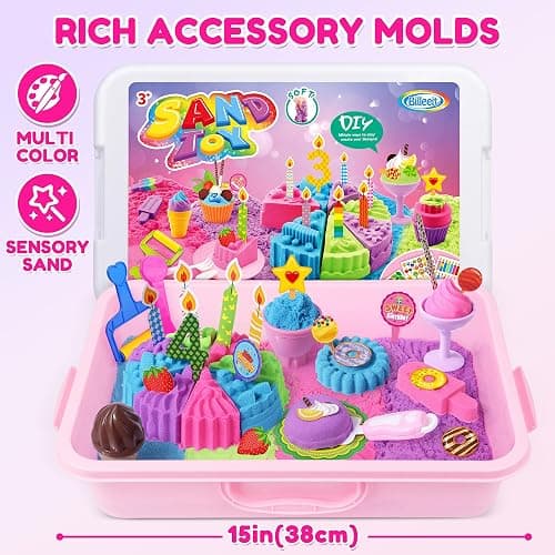 Billeeit Cake & Ice Cream Sensory Bin Sand Toy, Sand Kit Sensory Toys w/lid and 4 Color Moldable Sensory Play Sand 2.2lbs, Molds, Tools Set 43pcs Total for Toddlers, Fun Gifts for Kids Girls 3+ thumbnail 6