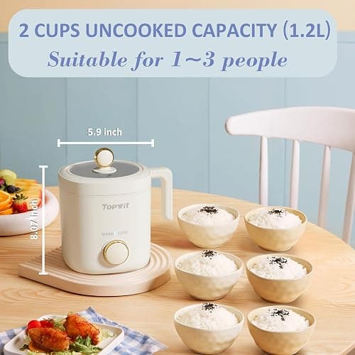TOPWIT Rice Cooker Small, Mini Rice Cooker 2 Cups Uncooked, 1.2L Portable Rice Maker with Non-stick Coating, BPA Free, One Touch & Keep Warm Function, Beige - Beige thumbnail 5