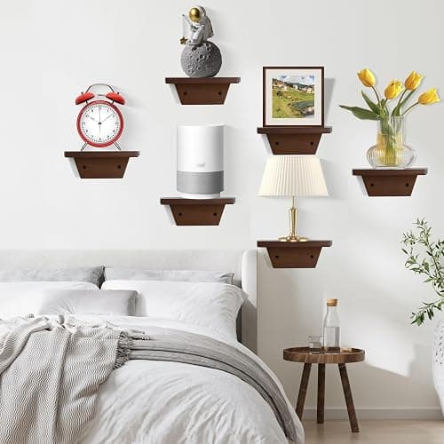 PHOENANCEE Small Floating Shelves,Trapezoid Wall Shelf for Speaker Table Lamp Plants Display,Decorative Wood Ledges Chic for Living Room,Bedroom,Kitchen,Office,Pine,8x6 Inch,2 Pack(Walnut) thumbnail 4