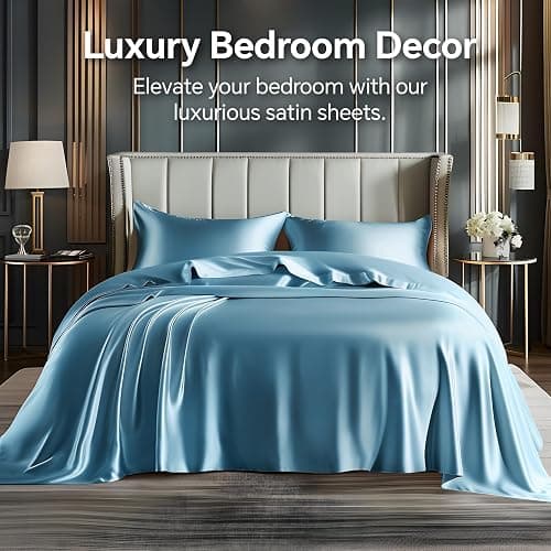 BEDELITE Satin Sheets Queen Size Bed Set, Airy Blue, 4 Pieces | Luxury Silky Bed Sheets, 15 Inch Deep Pocket, Similar to Silk, Soft and Cooling, Reduces Friction, Gentle on Hair and Skin thumbnail 2
