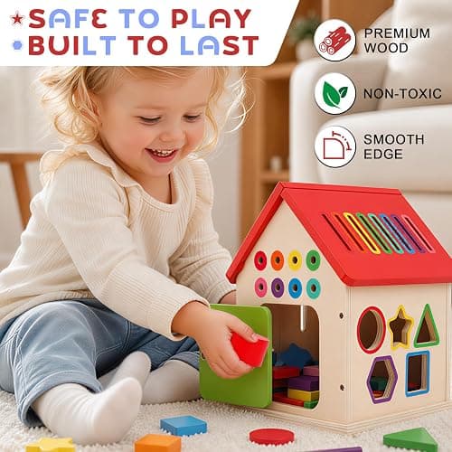 Wooden Shape Sorter Activity Cube, Montessori Toy for Toddlers 3+ Years Old | Multi-Functional Busy House Baby Color Sorting Educational Learning Toy, Birthday Gifts for Boys Girls thumbnail 3