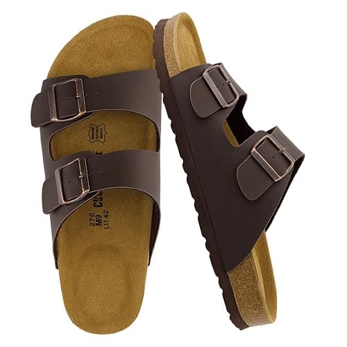 CUSHIONAIRE Lane Cork Footbed Mens Sandals, Adjustable Buckle Comfort Slides for Men, Genuine Leather Insole Summer Sandals Men Footwear - Image 1