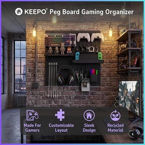 Keepo Pegboard Combination Kit, Pegboards and Accessories Modular Hanging for Gaming Setup, Gaming Station Peg Board, Gaming Organizer, Wall Game Controller Holder, Headset Stand (Black, 22″×22″) thumbnail 2