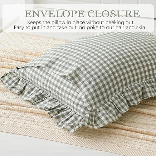 Qilunn 2 Pack Sage Green White Plaid Ruffle Pillow Shams Standard Size 20x26 inches, 100% Cotton Gingham Checkered Farmhouse Pillowcases for Bed/Sofa (20x26 inches, Sage Green/White Plaid) thumbnail 5