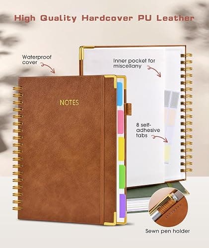 Hardcover Spiral Notebook Journal with Removable Dividers Tabs, 300 Pages Leather 5 Subject Notebook College Ruled, 8"x10" Large B5 Notebooks for Work School, Lined Journal for Men, Light Brown thumbnail 2