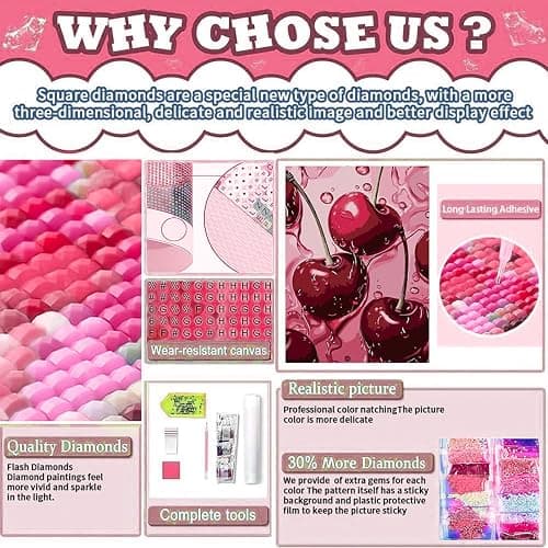 AIBOERL Square Drill Cherry Diamond Art Kits for Adults,Cherry 5D Diamond Painting Kits for Adults Beginners,DIY Square Diamond Dot Painting Gem Art Kits for Adult, Home Wall Decor 12x16Inch thumbnail 5