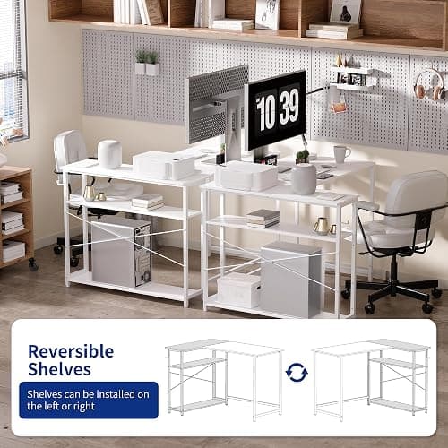 Pamray 43 Inch L Shaped Computer Desk with Reversible Side Storage Shelves, Small Corner Desk for Small Space Home Office,Writing Study Table PC Desk for Bedroom,White thumbnail 6