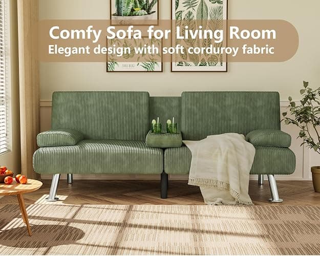 Flamaker Futon Sofa Bed Corduroy Folding Couch Adjustable Sleeper Sofa Bed for Small Apartment Upholstered Living Room Furniture Set with 2 Cup Holders Removable Armrests (Corduroy, Green) thumbnail 5