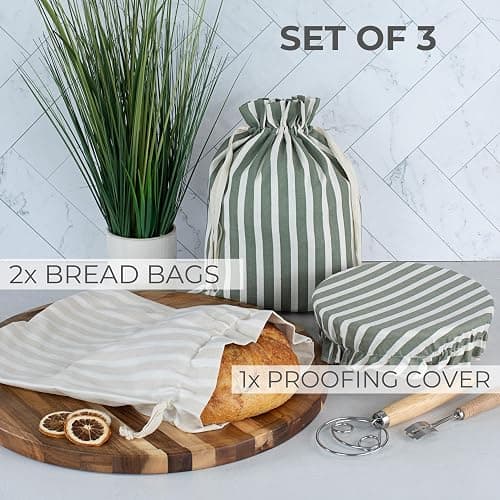 KIBAGA Beautiful Linen Bread Bag Set and Proofing Cover For Homemade Sourdough Bread - Keeps Your Loaf Fresh for Days - Reusable and Easy to Clean Storage Bag, The Perfect Baking Accessories thumbnail 3