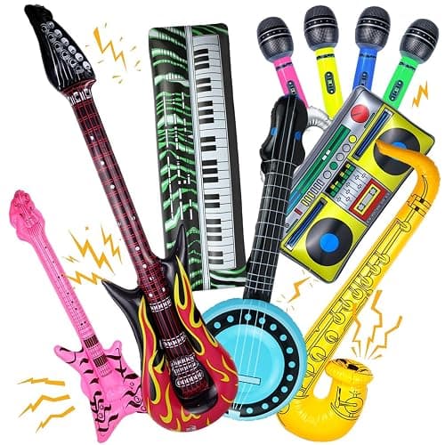 10 Pieces Inflatable Instruments Party Props Set Photo Booth Props Inflatable Guitar Saxophone Bass Lute Microphone Recorder Piano Theme Party Rock Toys Decorated Vintage Period Party - Image 1