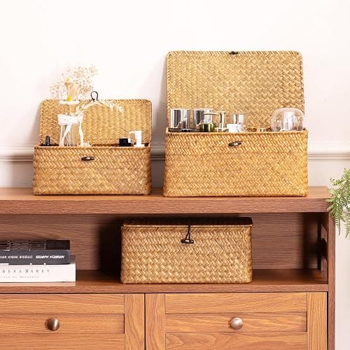 Nonam Storage Basket with Lid, Natural Seagrass Bin with Lid Set of 3, Shelf Baskets Multipurpose Container for Boho Decoration, Rectangular Household Storage Boxes for Home Organization thumbnail 6