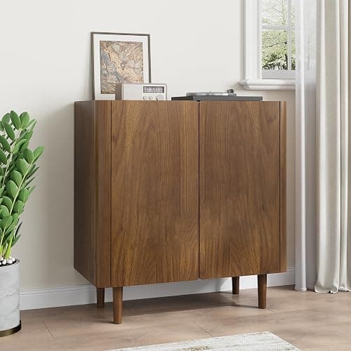 Smuxee Walnut Sideboard Cabinet, Freestanding Buffet Cabinet with Curved Edge Design, Wood Storage Cabinet with Adjustable Shelf for Living Room, Hallway, Entryway thumbnail 9