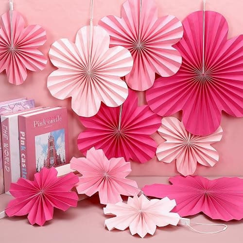 JULBEAR 12pcs Pink Paper Flowers Fans, Paper Fans Hanging Ornaments, Paper Flowers Decorations for Wall, Paper Fans Party Decorations for Spring Wedding Baby Shower thumbnail 5